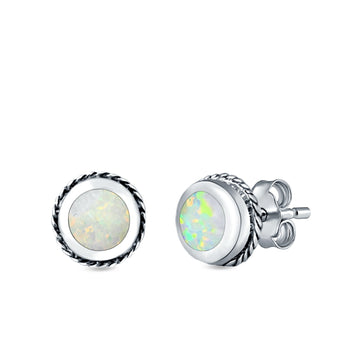 Round Stud Earrings Lab Created White Opal 925 Sterling Silver (7mm)